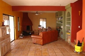 Chimenea, libros, estéreo y impresora 