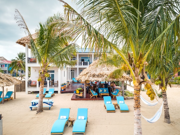 A beachside resort with lounge chairs, palm trees, and a thatched-roof bar area.