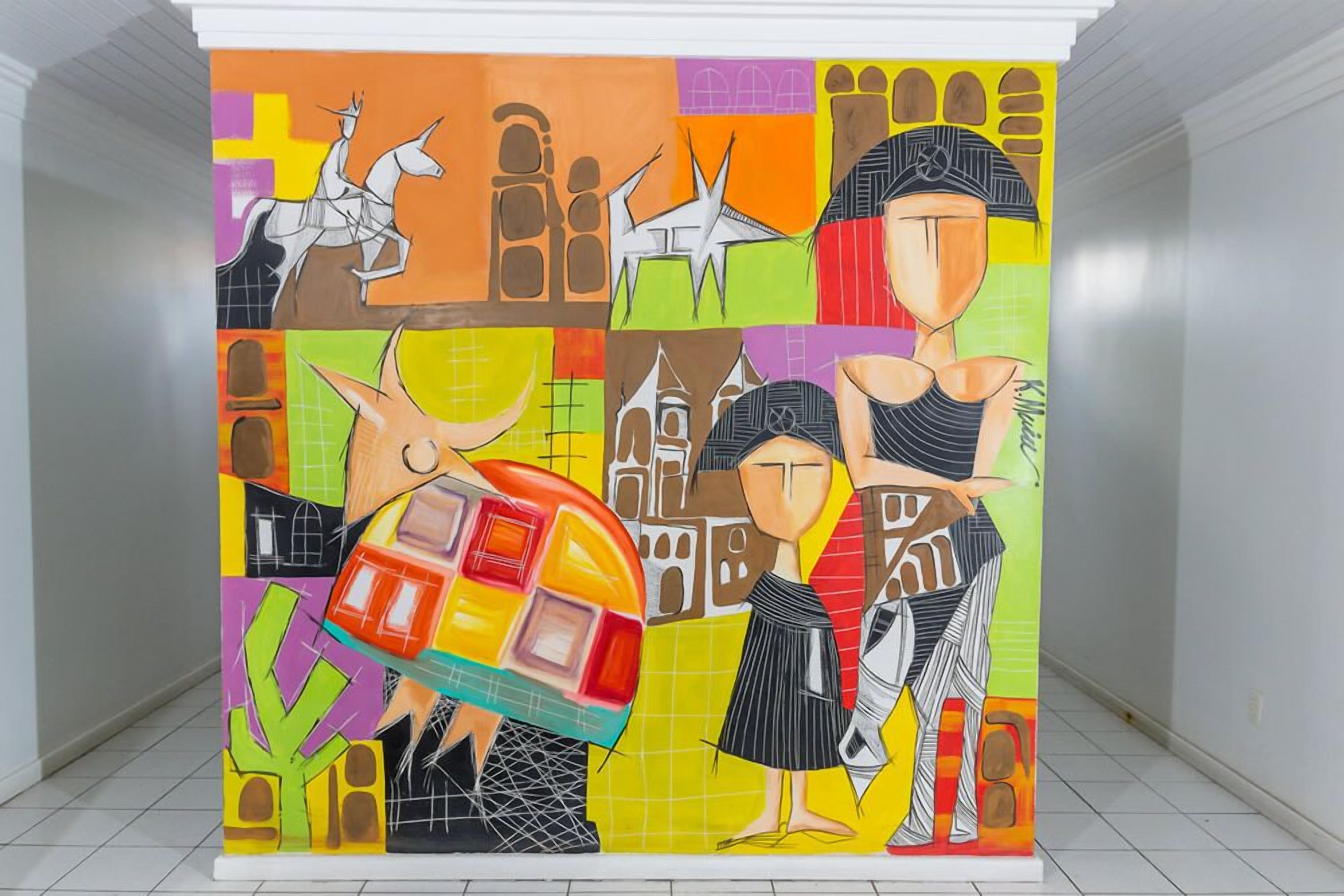 Une fresque colorée représentant des figures et des formes abstraites.