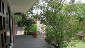 Ein überdachter Außenbereich mit einem Blumentopf, einem kleinen Baum und Blick auf einen Garten.
