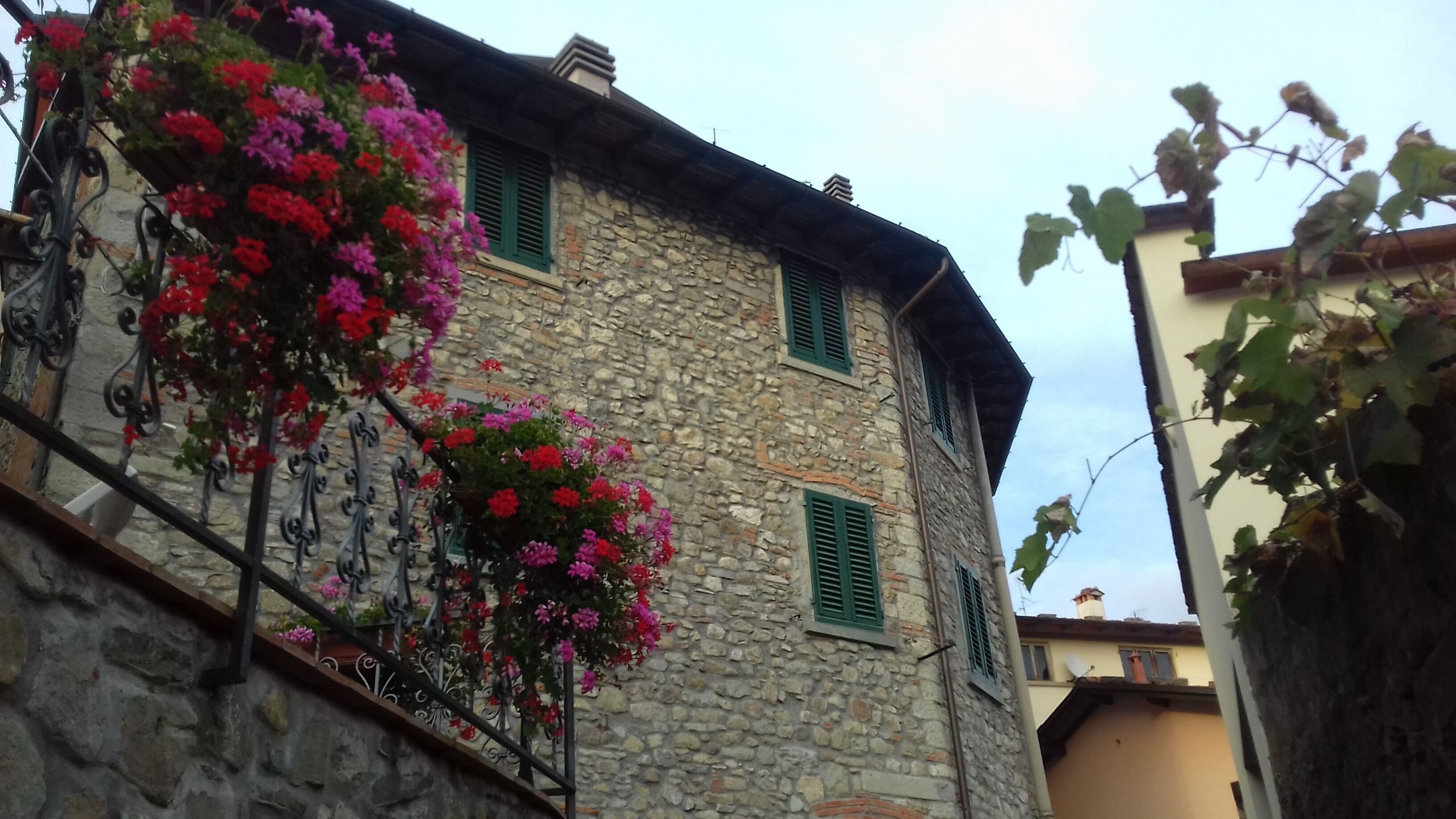 Un edificio in pietra con persiane verdi e un balcone adornato da piante fiorite.
