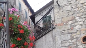 Un estrecho callejón empedrado con un edificio a un lado, que cuenta con una reja metálica y un muro de piedra.