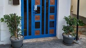 Une porte bleue avec un panneau en verre, deux plantes en pot et un interphone fixé au mur.