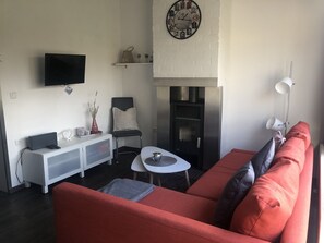 Een smart-tv, een open haard en boeken