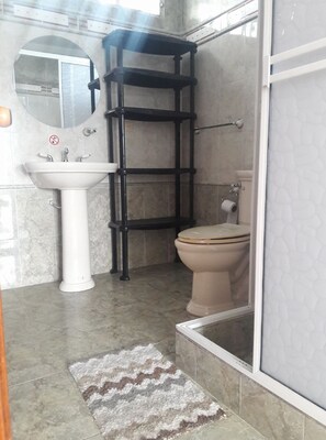 Shower, towels, soap, toilet paper