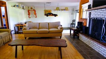 Smart TV, fireplace, DVD player, stereo
