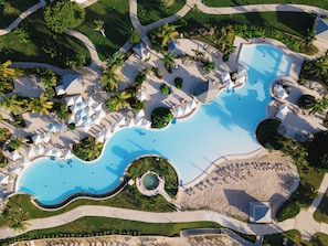 Outdoor pool, pool umbrellas, pool loungers
