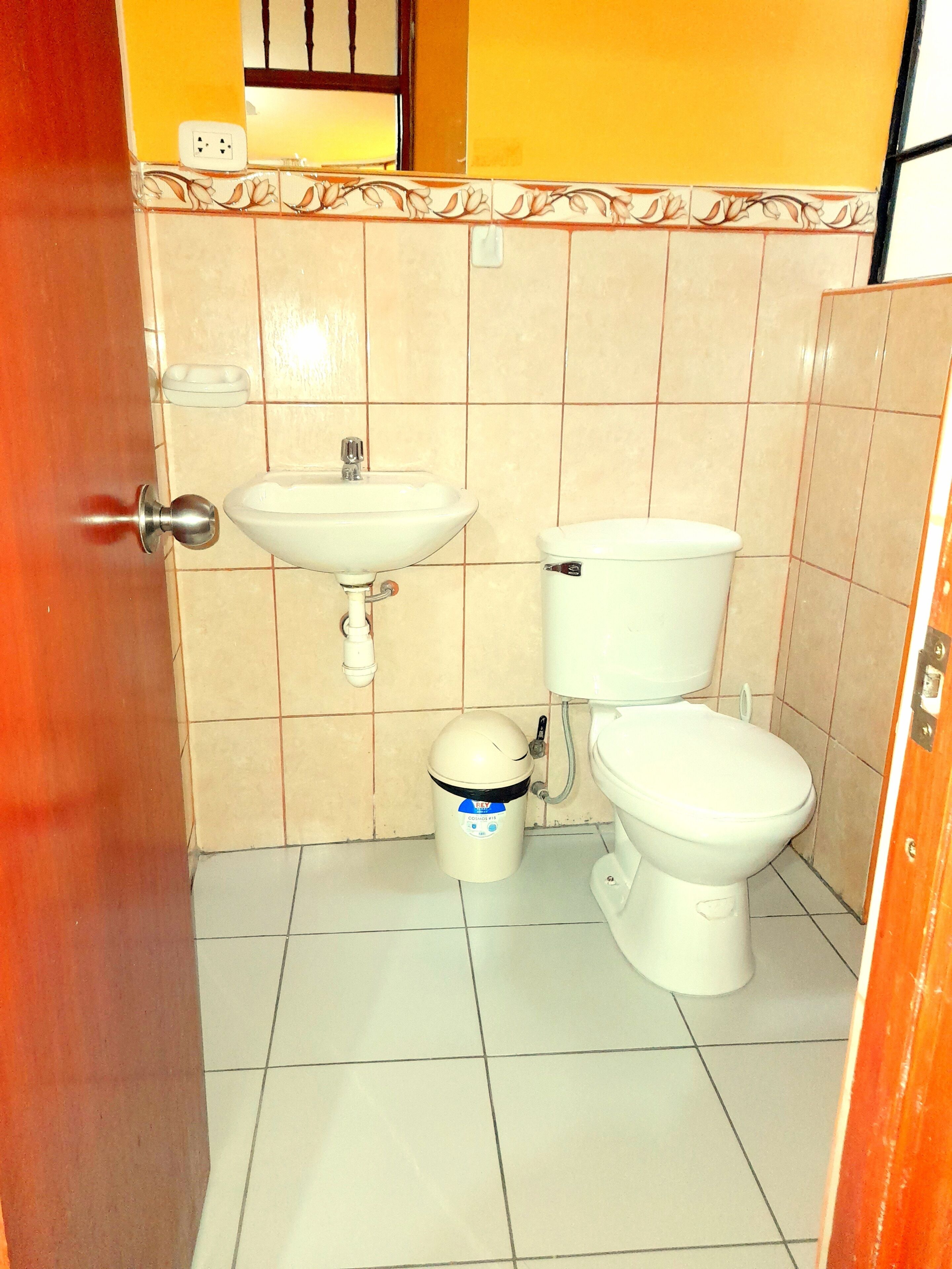Une petite salle de bain avec un lavabo, des toilettes et une poubelle.