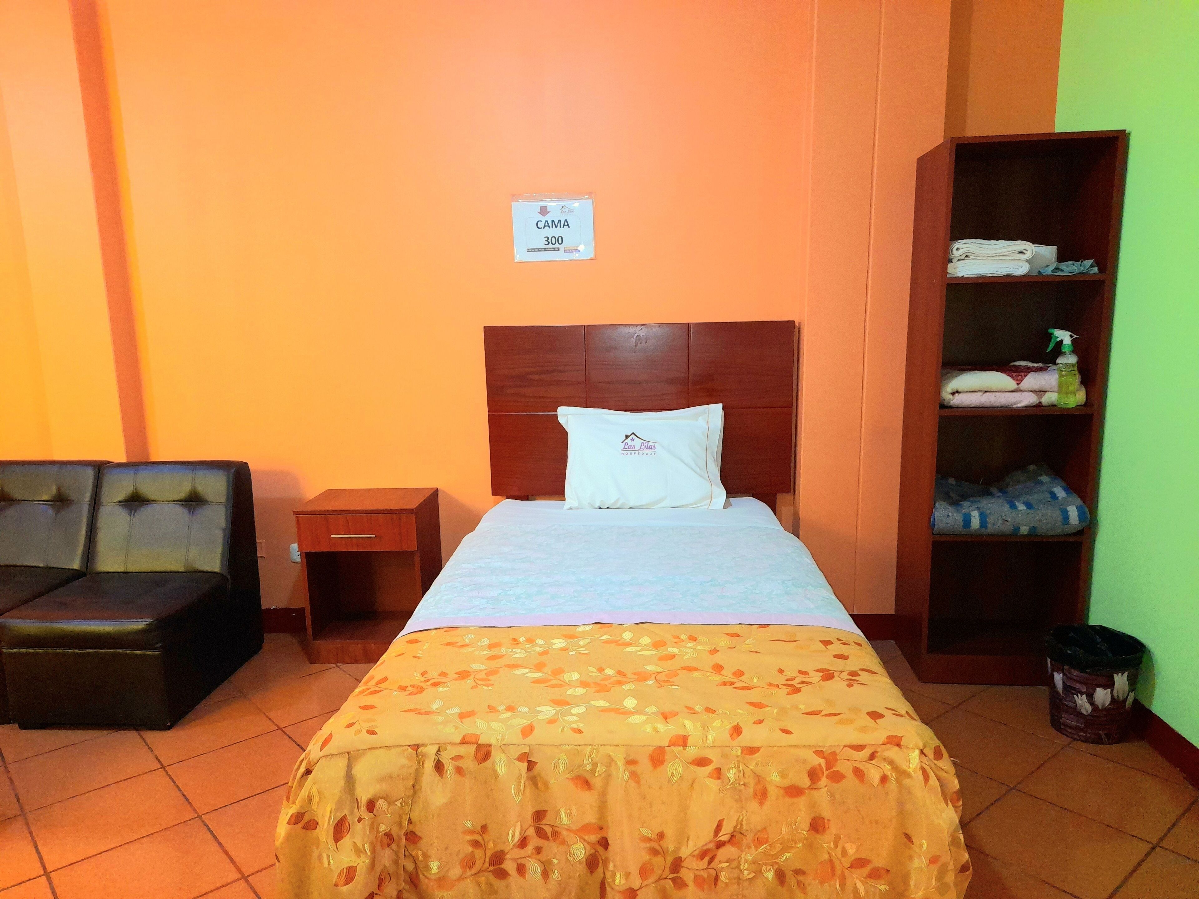 Una habitación de hotel con una cama, una mesita de noche, un armario de madera y un sofá.