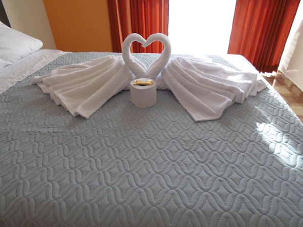 Blackout curtains, iron/ironing board, rollaway beds, free WiFi