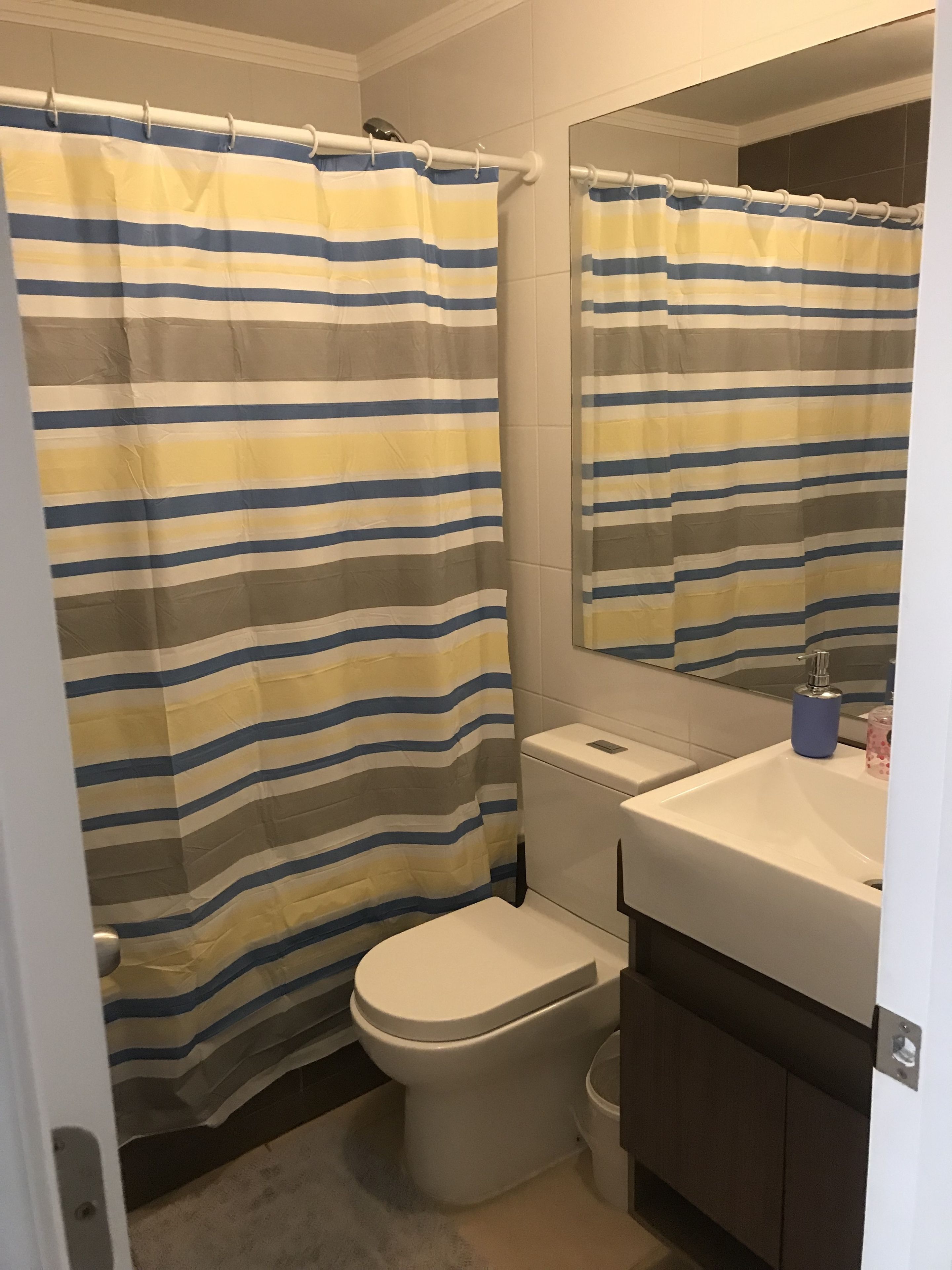 Un baño con cortina de ducha a rayas, un inodoro, un lavamanos con dispensador de jabón y un espejo.