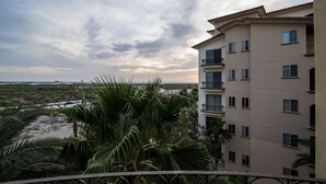 Un edificio de varios pisos con balcones, vista al mar y palmeras.