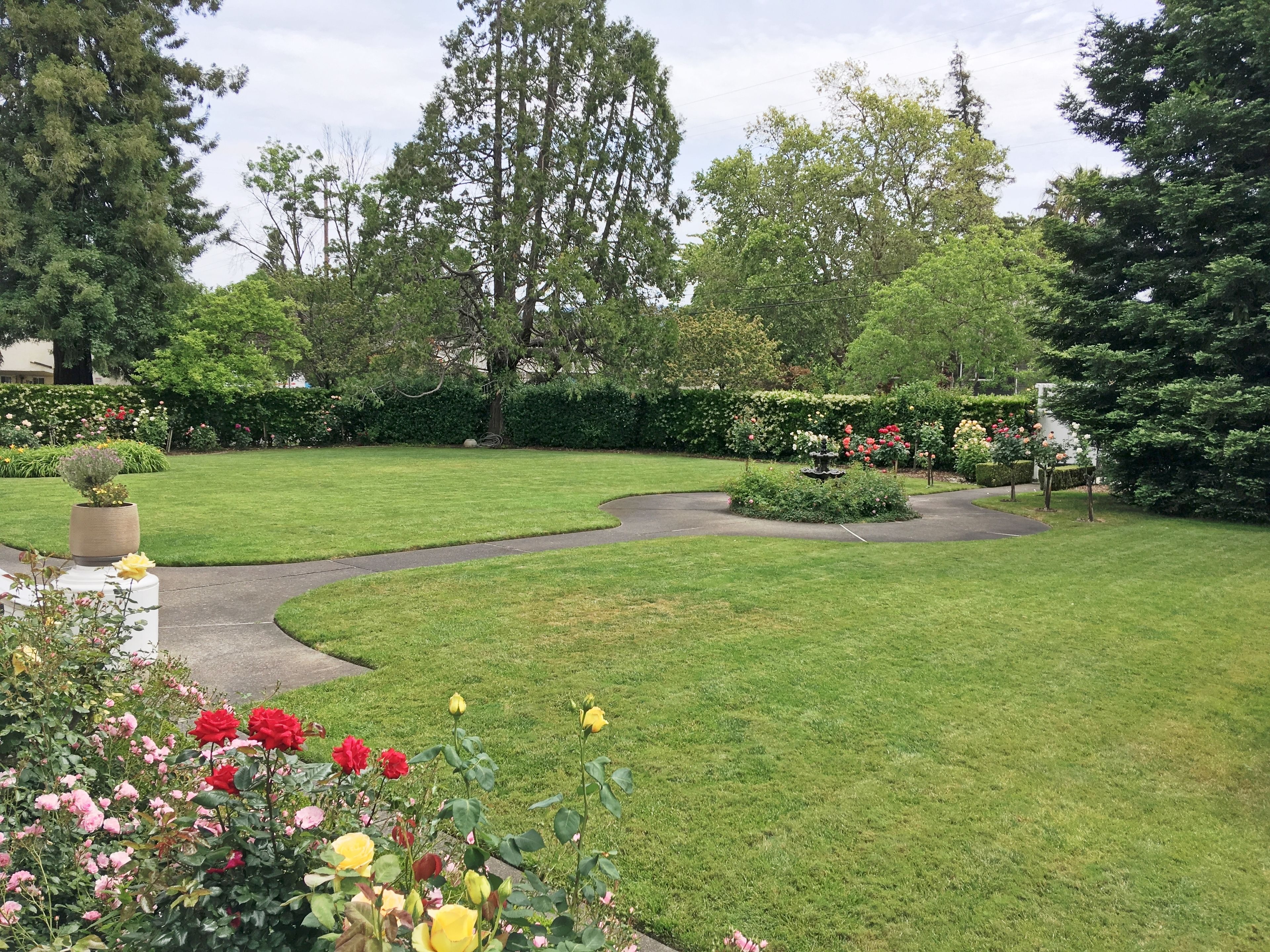 A well-maintained garden with a winding path, various flower beds, and mature trees.