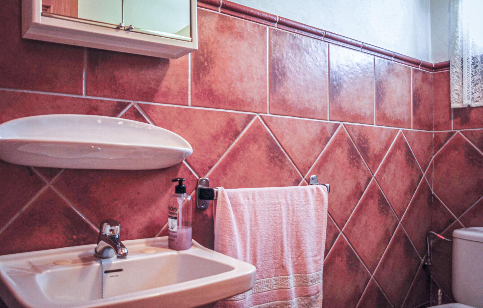 A bathroom with a sink, a mirror, a towel rack, and red-tiled walls.