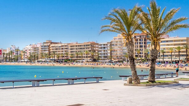 Un hôtel situé en bord de mer, avec plusieurs étages, des palmiers et une plage de sable.