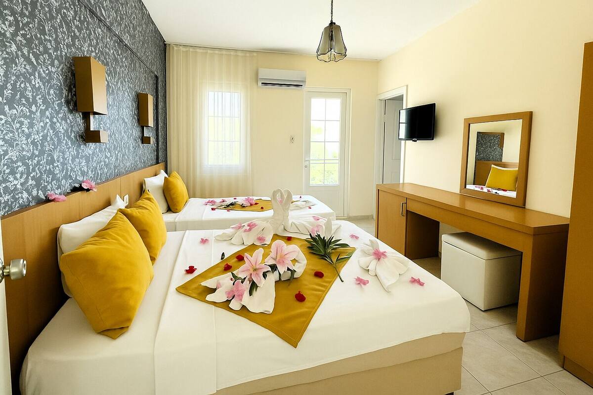 A hotel room with two beds, a desk, a TV, and a mirror.