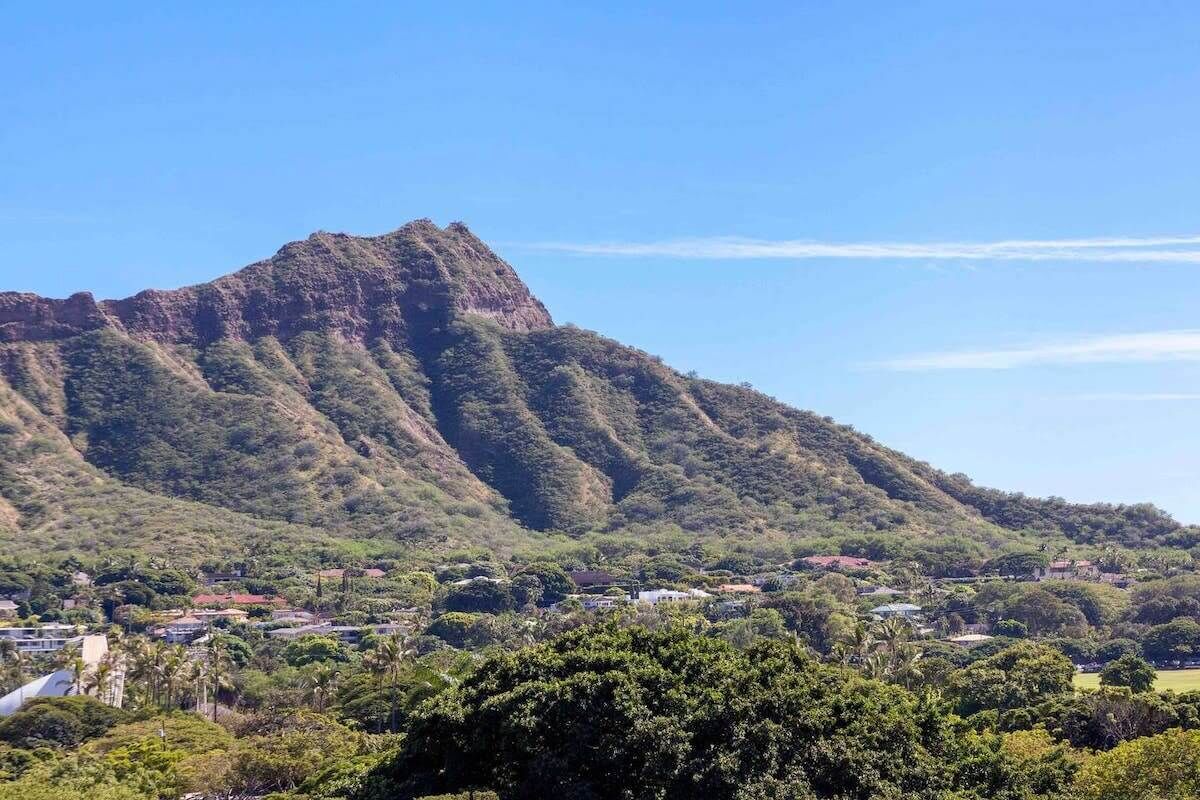 A mountainous landscape with a dense forest and scattered buildings.