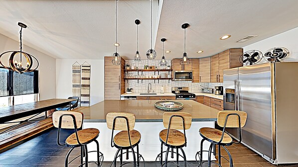 Fridge, microwave, oven, stovetop