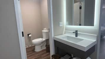 Une salle de bain moderne avec un meuble-lavabo blanc, un grand miroir et des toilettes.