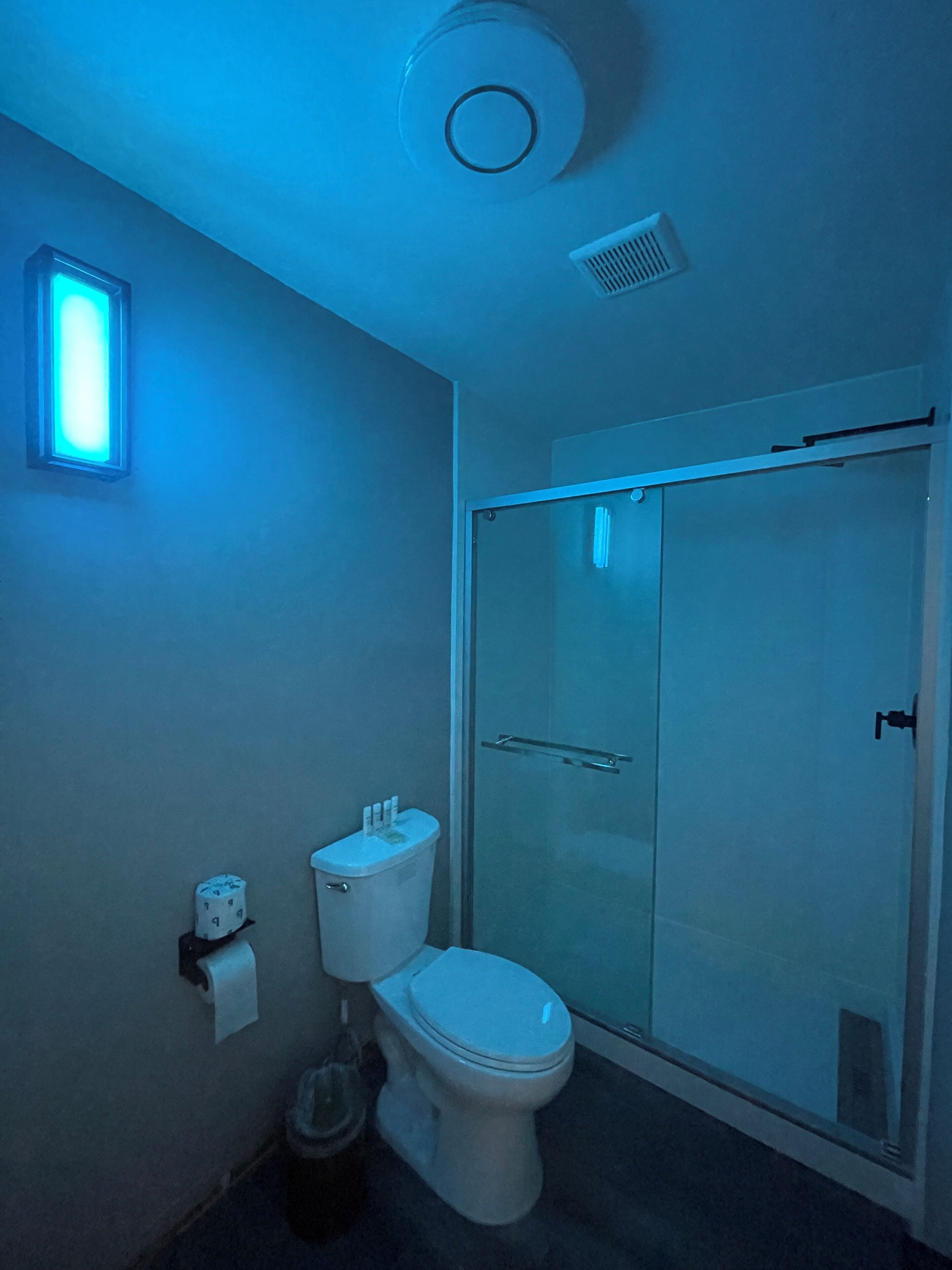 Un baño con inodoro, cabina de ducha de vidrio, detector de humo en el techo e iluminación empotrada en la pared.