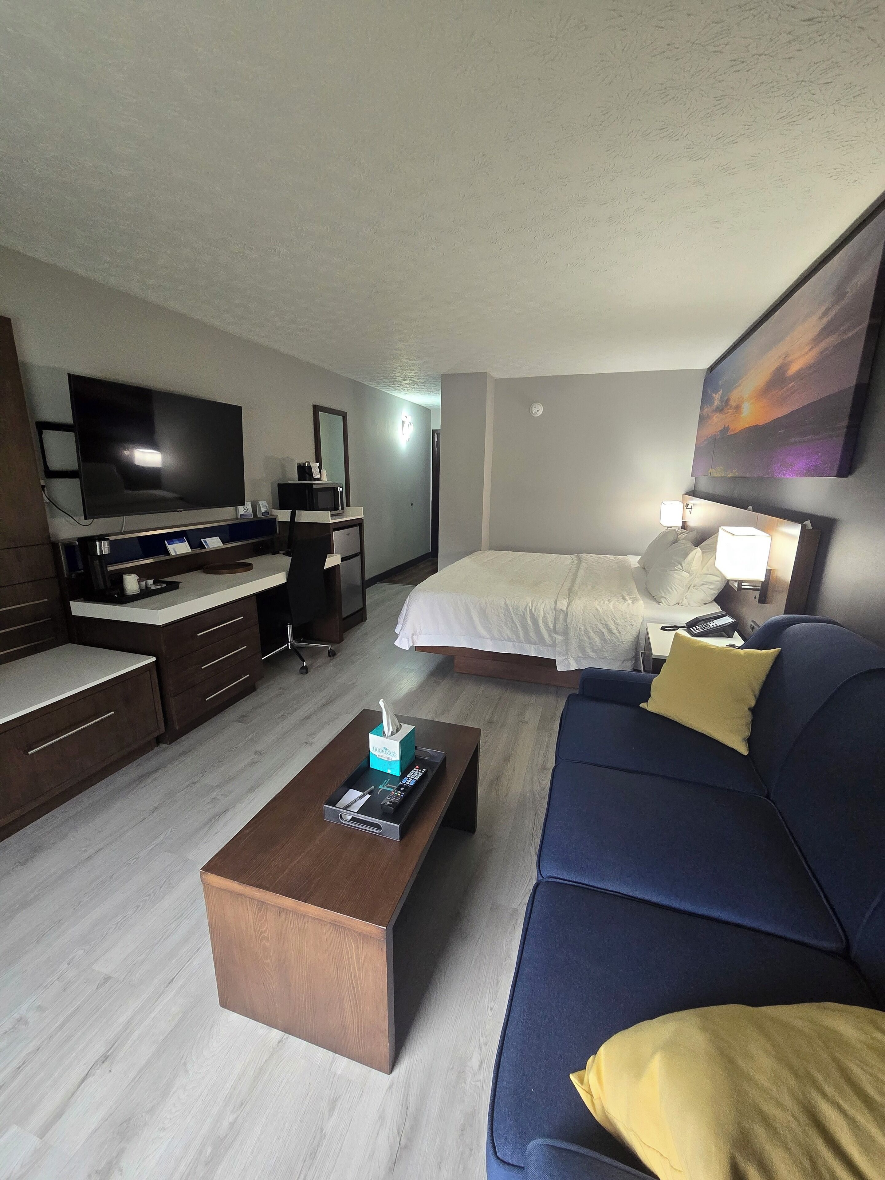 Quarto de hotel com cama, sofá, televisão, escrivaninha e mesa de centro.