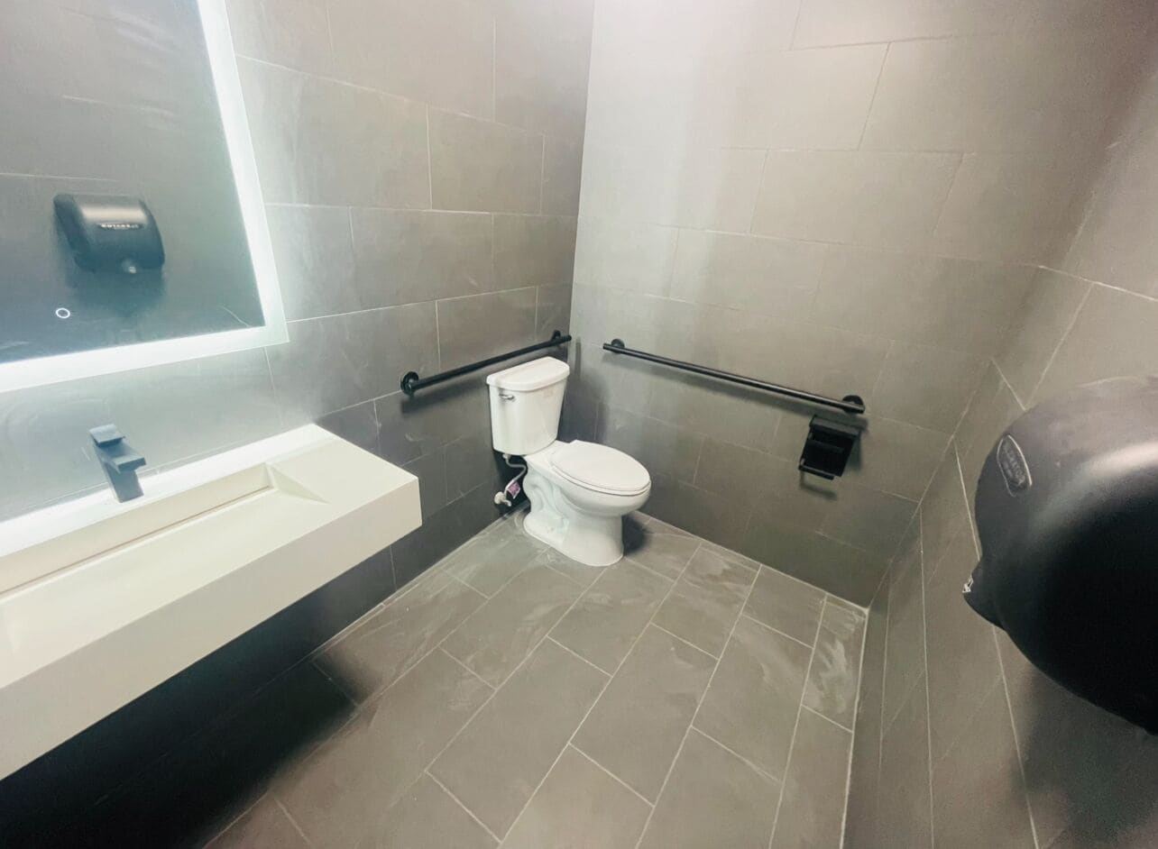 A modern bathroom with a white sink, a toilet, and a bidet. There are handrails on the walls and a soap dispenser on the sink.