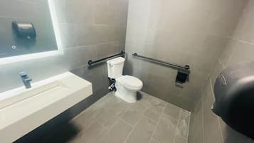 A modern bathroom with a white sink, a toilet, and a bidet. There are handrails on the walls and a soap dispenser on the sink.