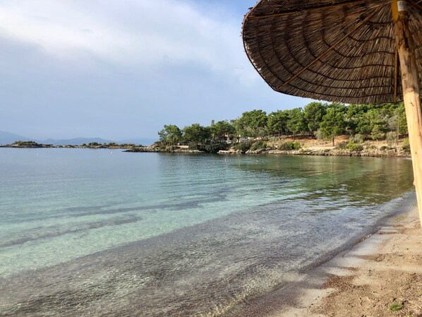 On the beach, sun-loungers