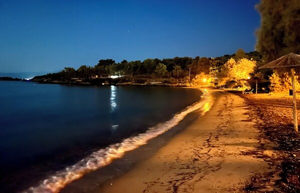 On the beach, sun-loungers