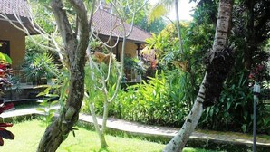 A tropical garden with a house, lush greenery, and a pathway. - agung trisna bungalows (Ubud)