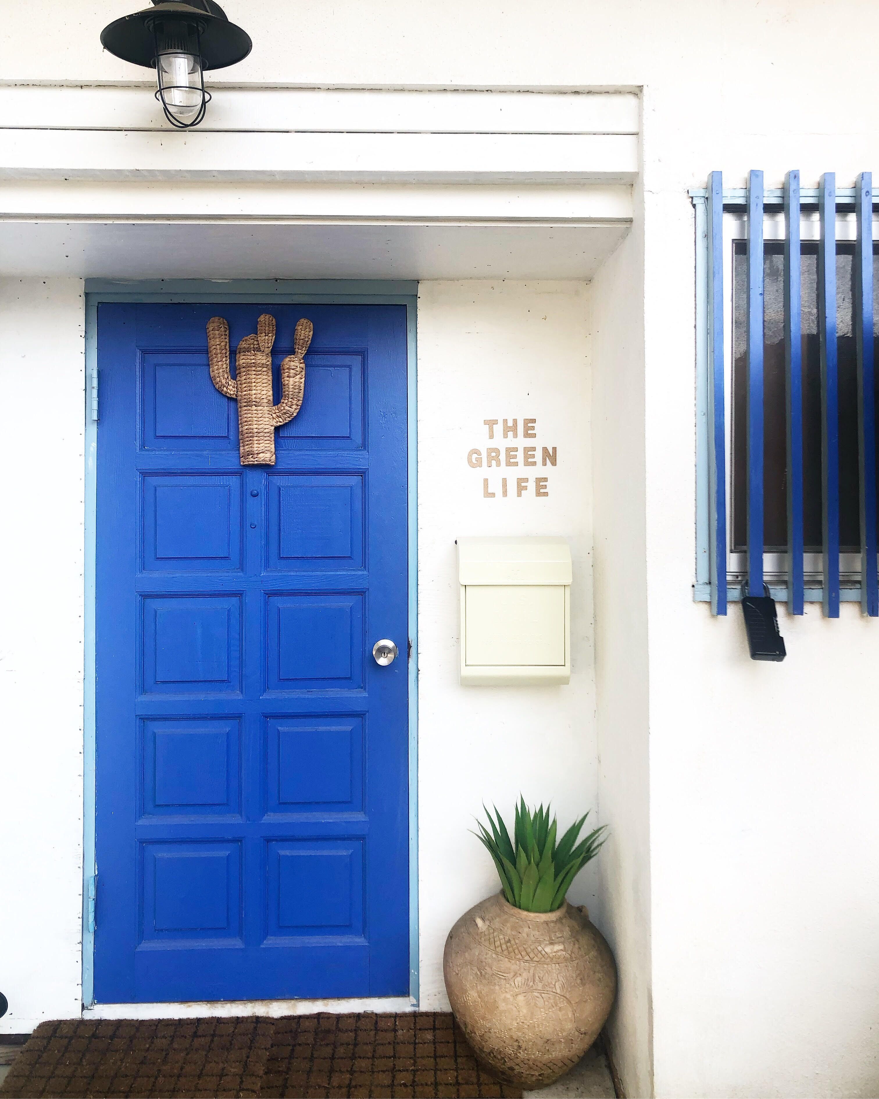 A blue door with a cactus decoration, a wall-mounted light fixture, a sign reading "THE GREEN LIFE", and a potted plant.