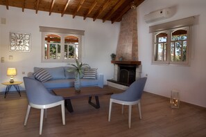 Smart TV, fireplace, foosball