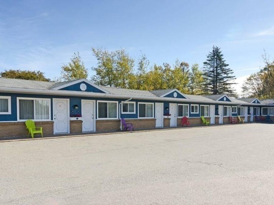 A row of mobile homes with a gravel parking area and a clear sky.