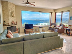 Smart TV, fireplace, books, stereo