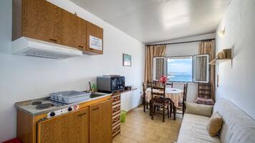 Full-sized fridge, electric kettle, toaster oven