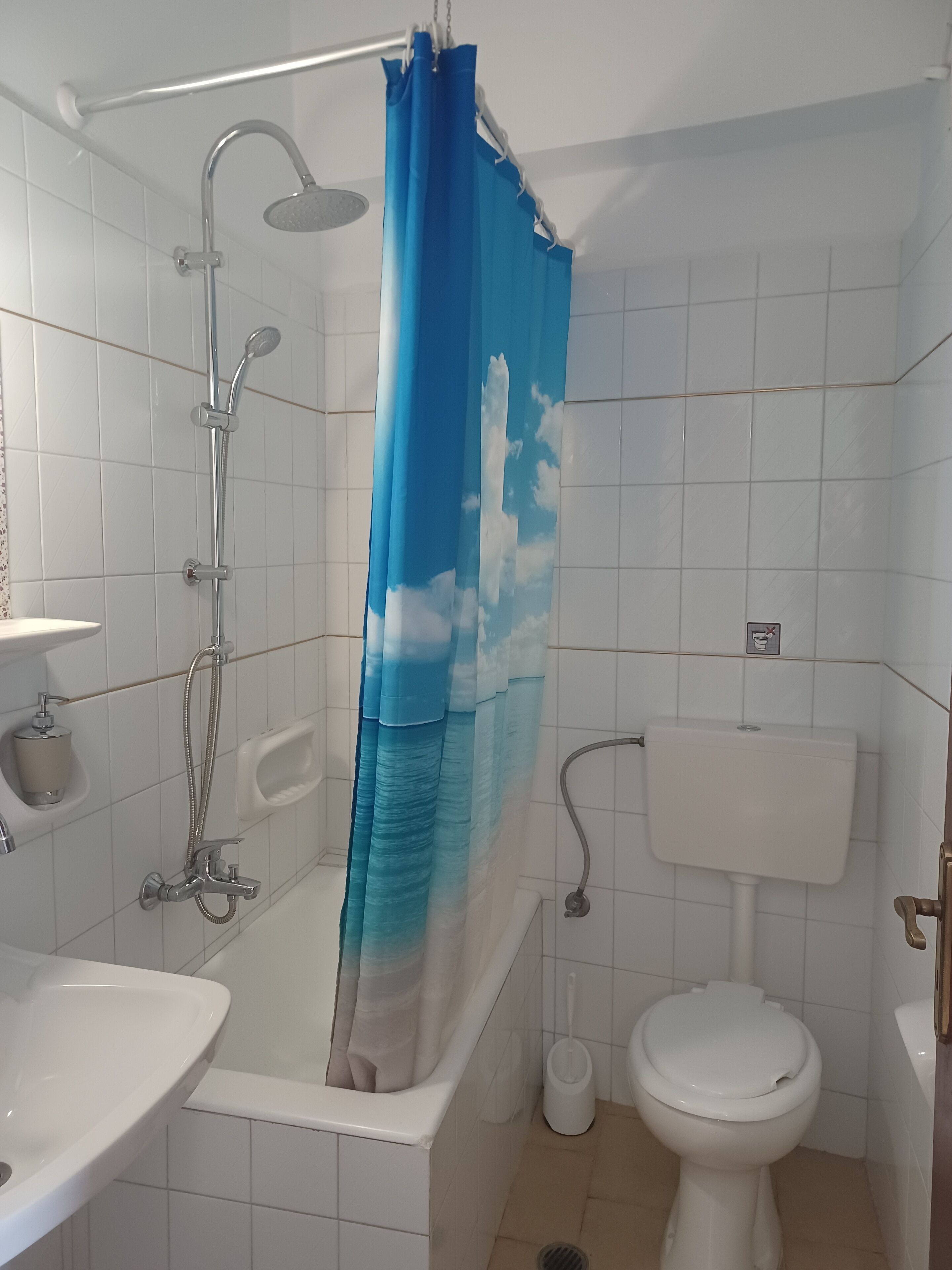 Et badeværelse med bruser, toilet, håndvask og et blåt bruseforhæng med himmel og skyer.