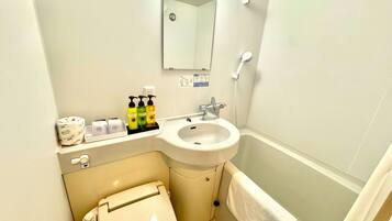 Combined shower/tub, hair dryer, slippers, electronic bidet