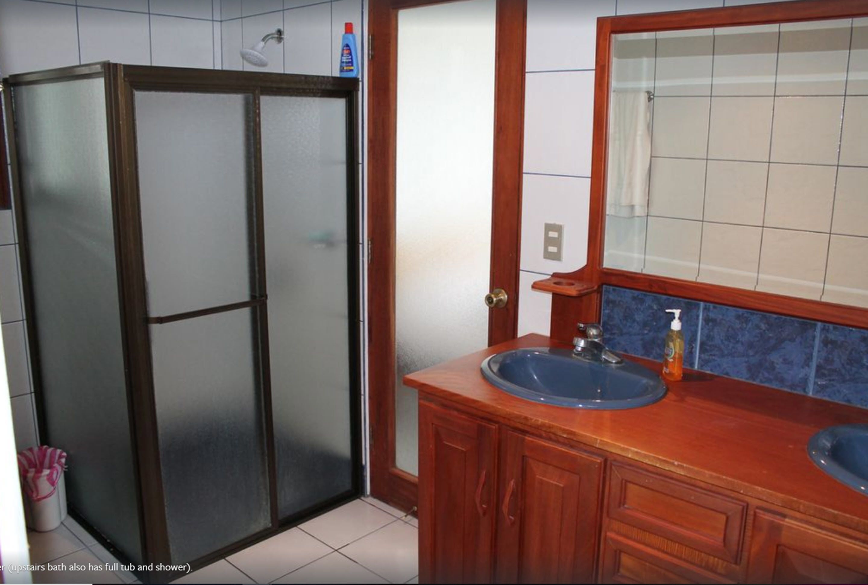 Une salle de bain avec une douche à parois de verre, un meuble-lavabo en bois et un miroir.