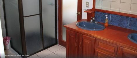 Une salle de bain avec une douche à parois de verre, un meuble-lavabo en bois et un miroir.