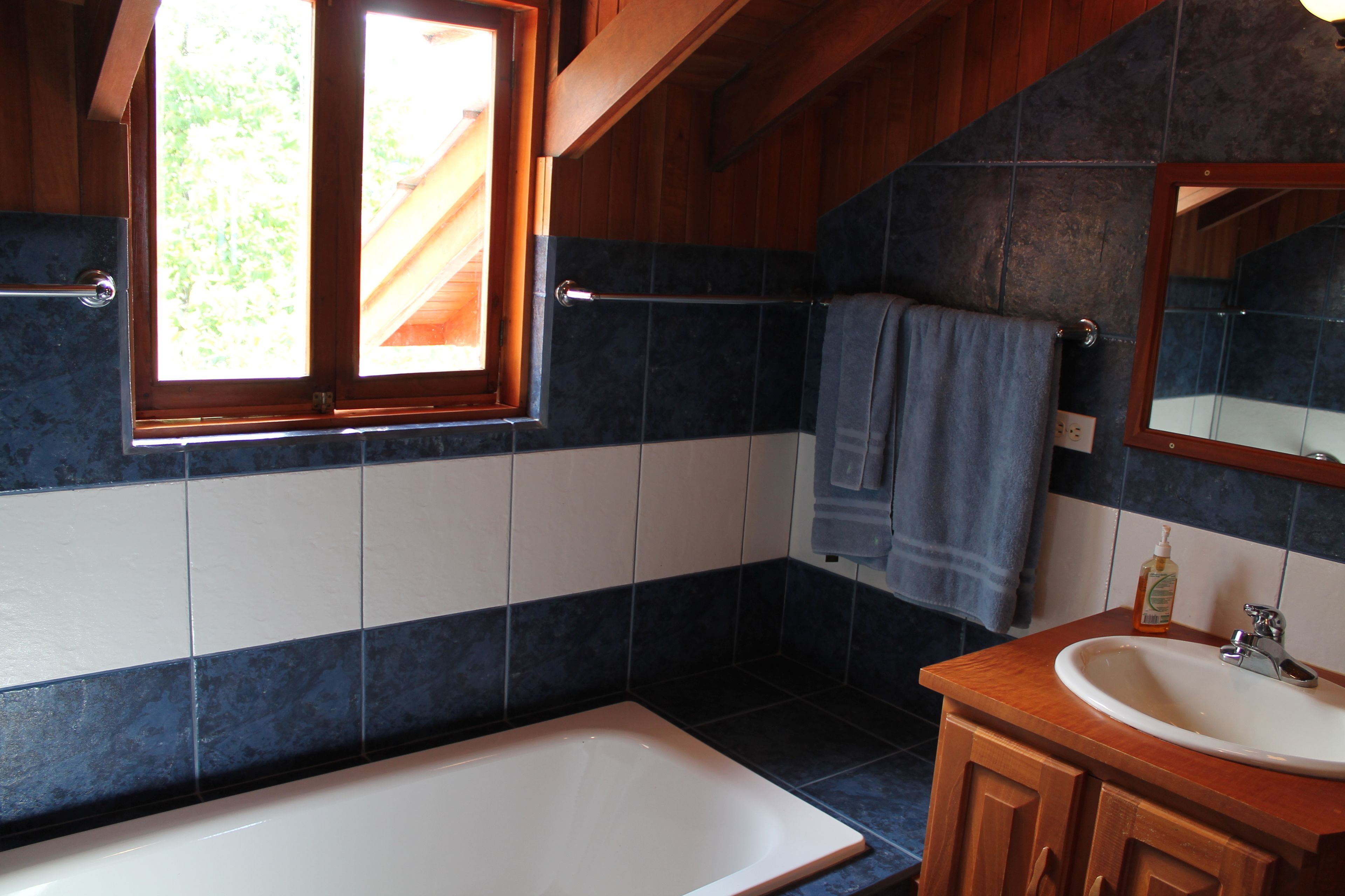 A bathroom with a bathtub, a wooden vanity, a mirror, and a window with a view of greenery.