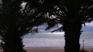 Una spiaggia con palme e vista sull'oceano.