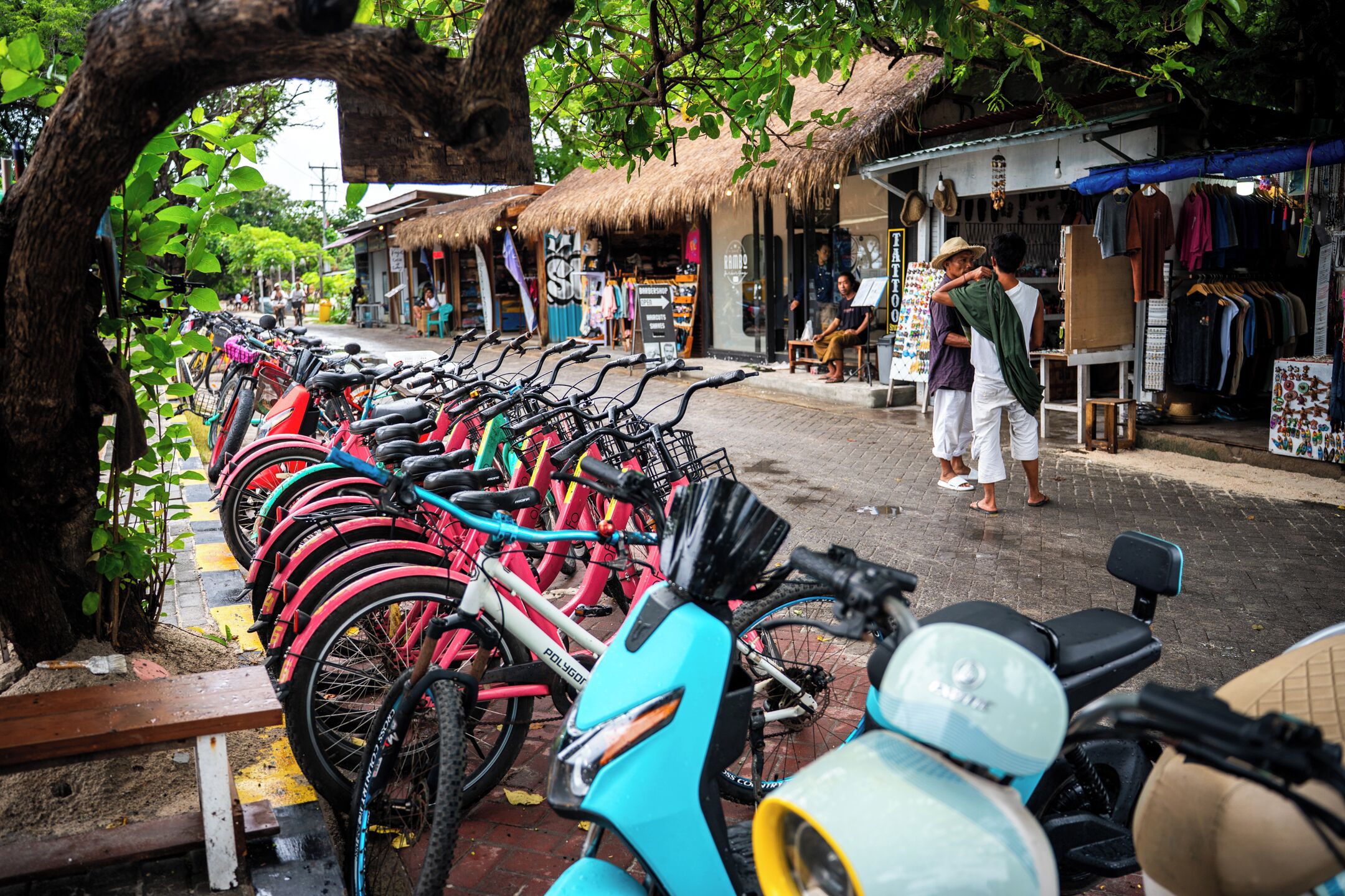 A row of bicycles parked under a tree, a market stall with clothes and hats, and a person sitting on a bench.