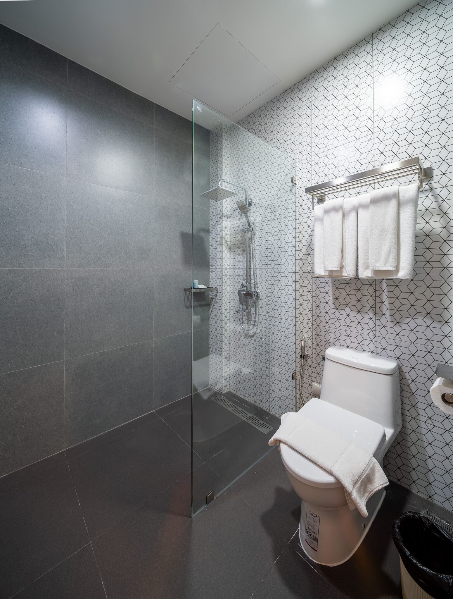 A modern bathroom with a glass-enclosed shower, a toilet, and a sink.