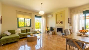 TV, fireplace, DVD player, books