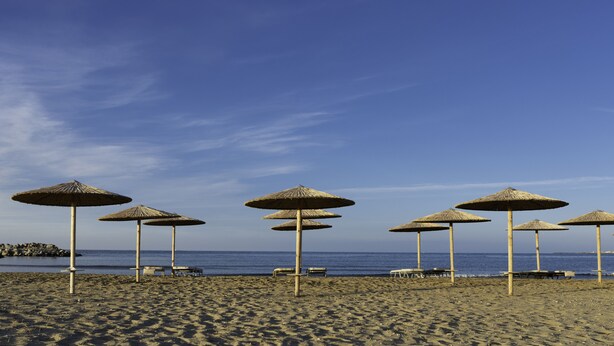 Une plage avec plusieurs parasols en chaume et des bancs.