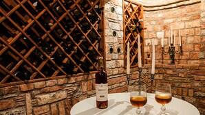 Una bottiglia di vino e due bicchieri su un tavolo in una stanza con una parete in mattoni e una dispensa per vino.