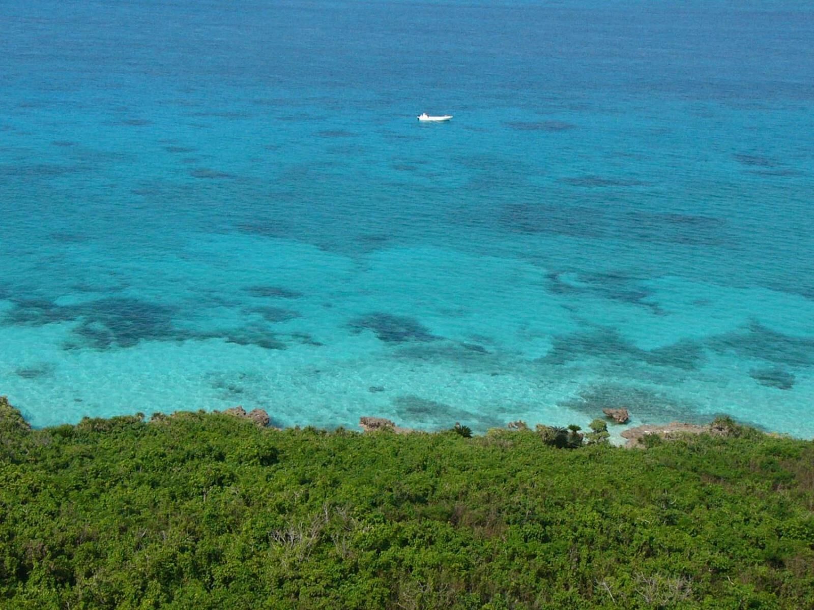 A view of a coastal area with clear turquoise waters and a boat in the distance.
