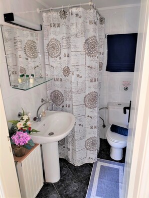 Douche, séchoir à cheveux, serviettes fournies, shampooing