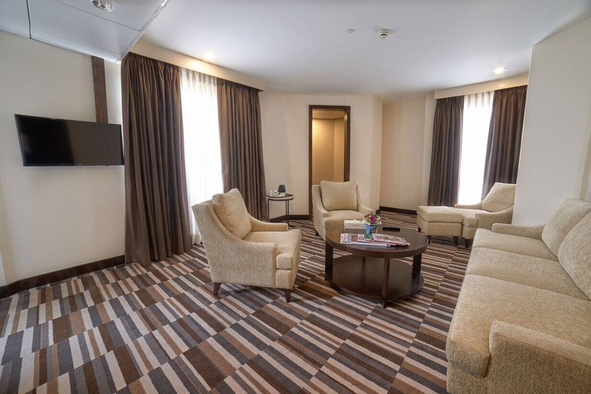 deluxe suite | living area | flat-screen tv