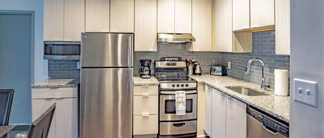 Fridge, microwave, oven, dishwasher